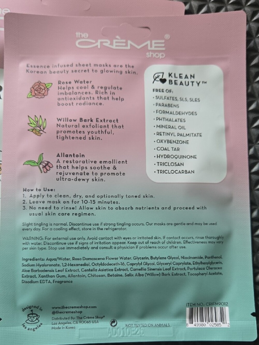 The Creme Shop Rose Water Face Mask – Pink & Mint Hydrating Sheet Mask.  5 Packs - Picture 2 of 3